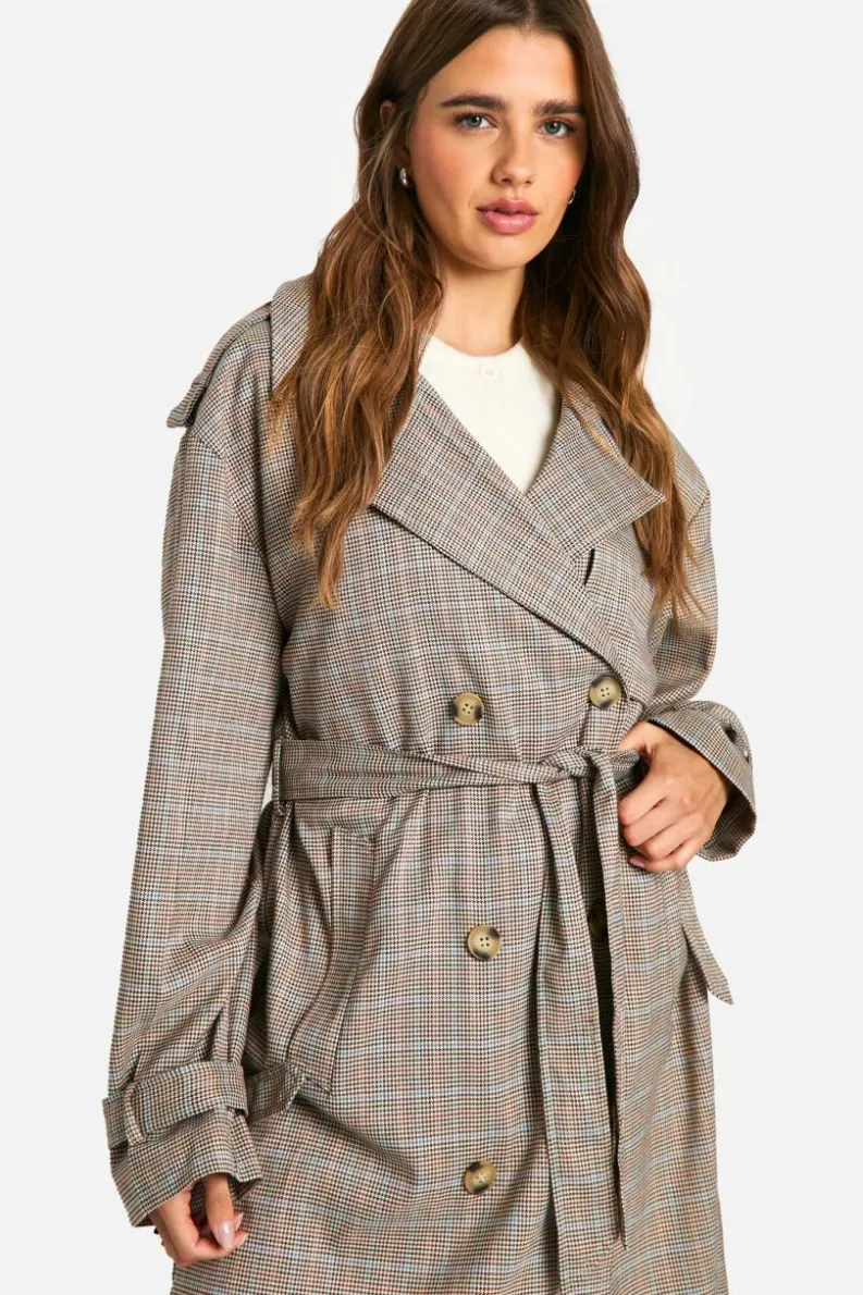 Best Sale boohoo Check Trench Coat brown