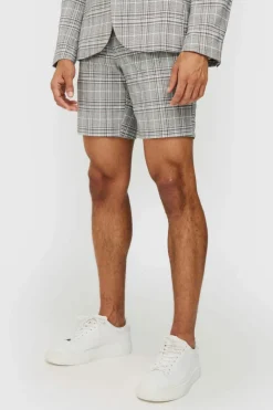 Shop boohooMAN Check Weave Slim Fit Suit Shorts natural
