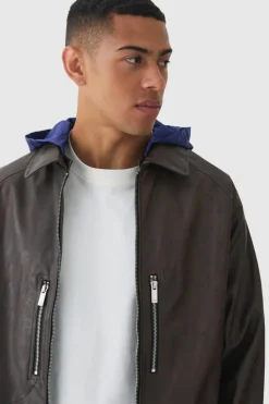 Cheap boohooMAN Collared Pu Bomber Jacket With Detachable Hood In brown