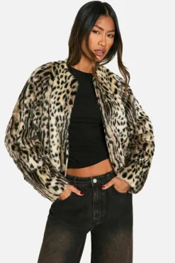 Cheap boohoo Collarless Leopard Faux Fur Jacket light beige