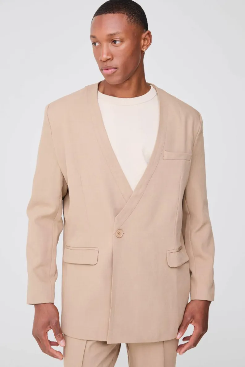 New boohoo Collarless Suit Set in taupe