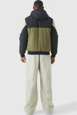 Best Sale boohooMAN Colour Block Hooded Padded Bomber Jacket In black
