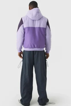 Cheap boohooMAN Colour Block Hooded Padded Bomber Jacket In purple