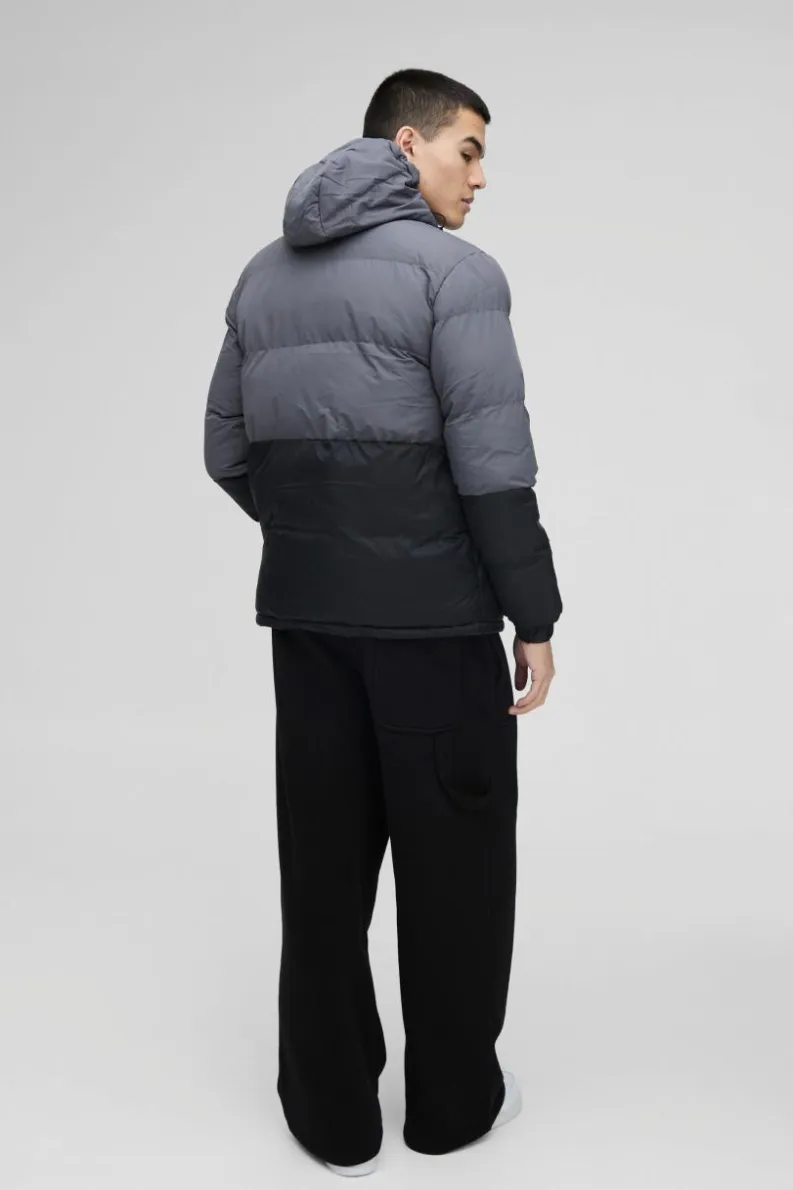 Fashion boohooMAN Colour Block Hooded Puffer in charcoal