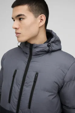 Fashion boohooMAN Colour Block Hooded Puffer in charcoal