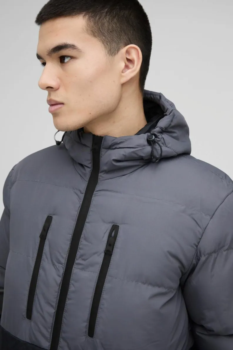 Fashion boohooMAN Colour Block Hooded Puffer in charcoal