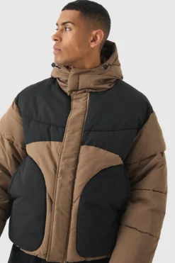 Clearance boohooMAN Colour Block Quilted Hooded Puffer In beige