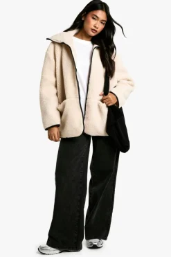Flash Sale boohoo Contrast Detail Funnel Neck Teddy Jacket cream