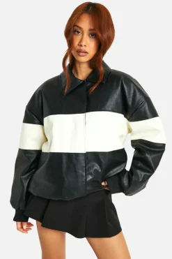 Flash Sale boohoo Contrast Detail Oversized Faux Leather Bomber Jacket black