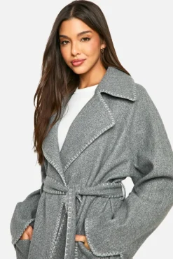 Best boohoo Contrast Stitch Belted Wool Look Coat grey