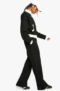 Online boohoo CONTRAST ZIP THROUGH SWEATSHIRT STRAIGHT LEG JOGGER TRACKSUIT black