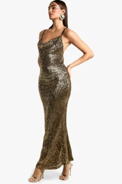 Cheap boohoo Cowl Neck Sequin Maxi Dress gold