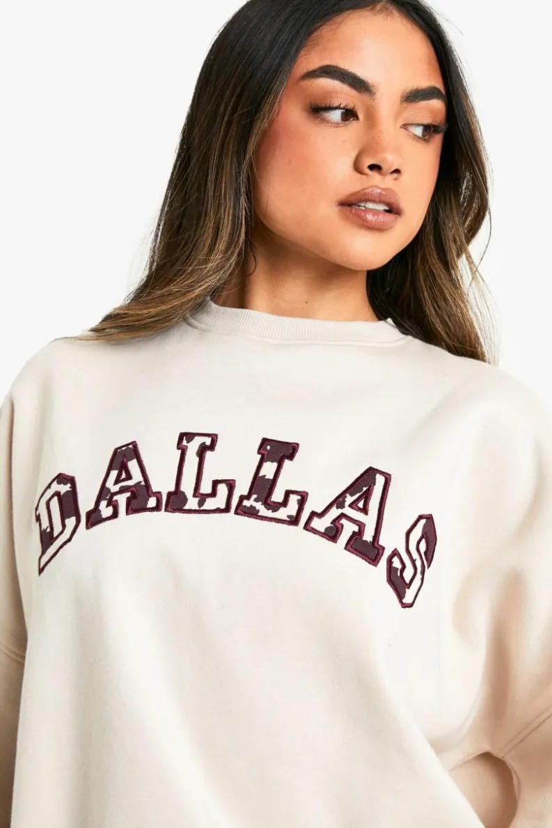 Outlet boohoo Cow Print Dallas Applique Sweatshirt stone