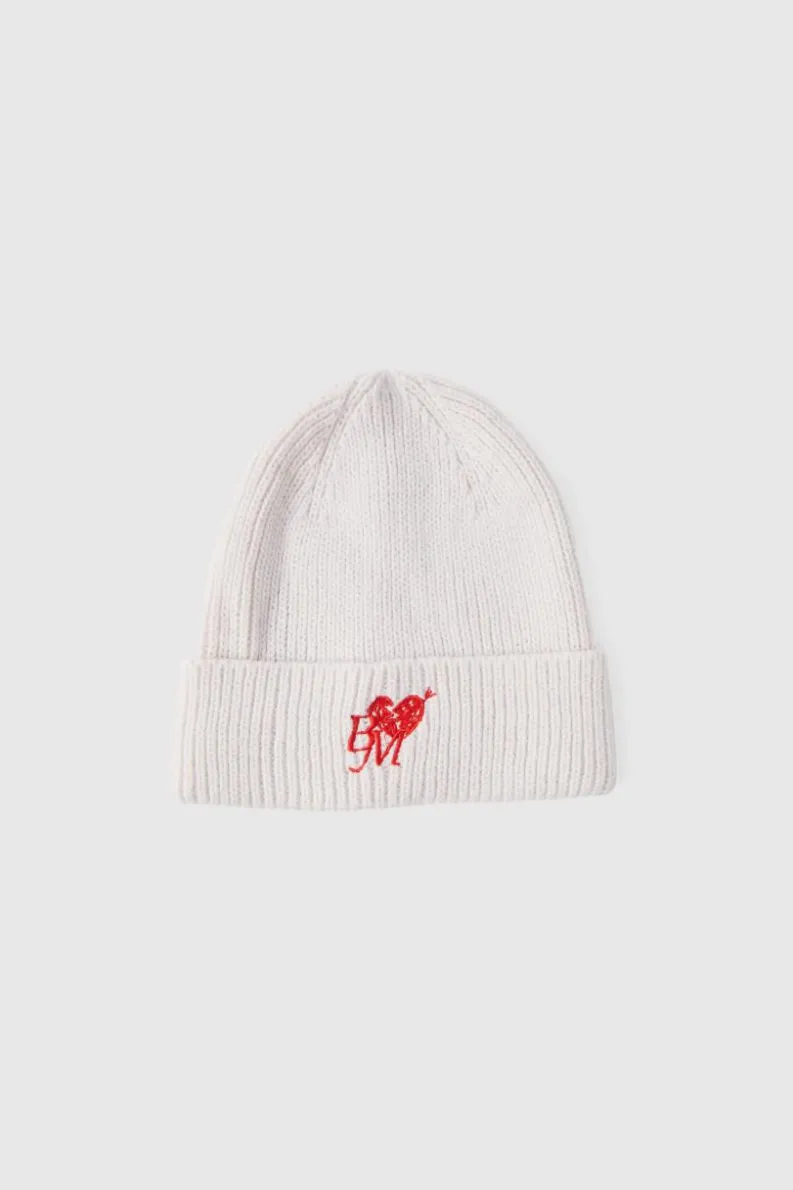 Online boohooMAN Heart Graphic Ribbed Beanie cream