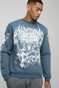 Clearance boohooMAN Crew Neck Large Scale Gothic Sweatshirt slate blue