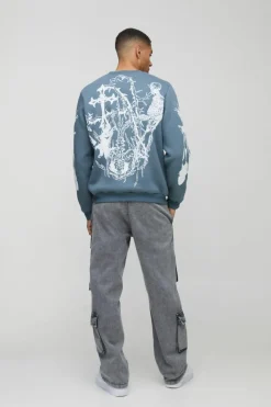 Clearance boohooMAN Crew Neck Large Scale Gothic Sweatshirt slate blue
