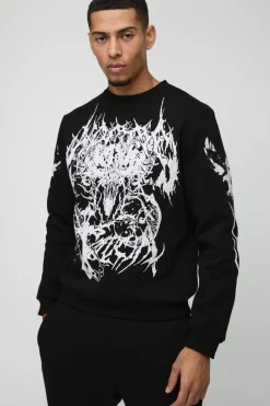 Store boohooMAN Crew Neck Large Scale Gothic Sweatshirt black
