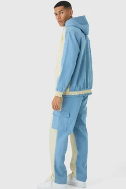 Cheap boohooMAN Crinkle Nylon And Denim Hooded Jacket light blue