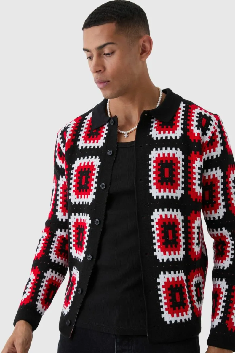 Fashion boohooMAN Crochet Long Sleeve Knitted Overshirt red
