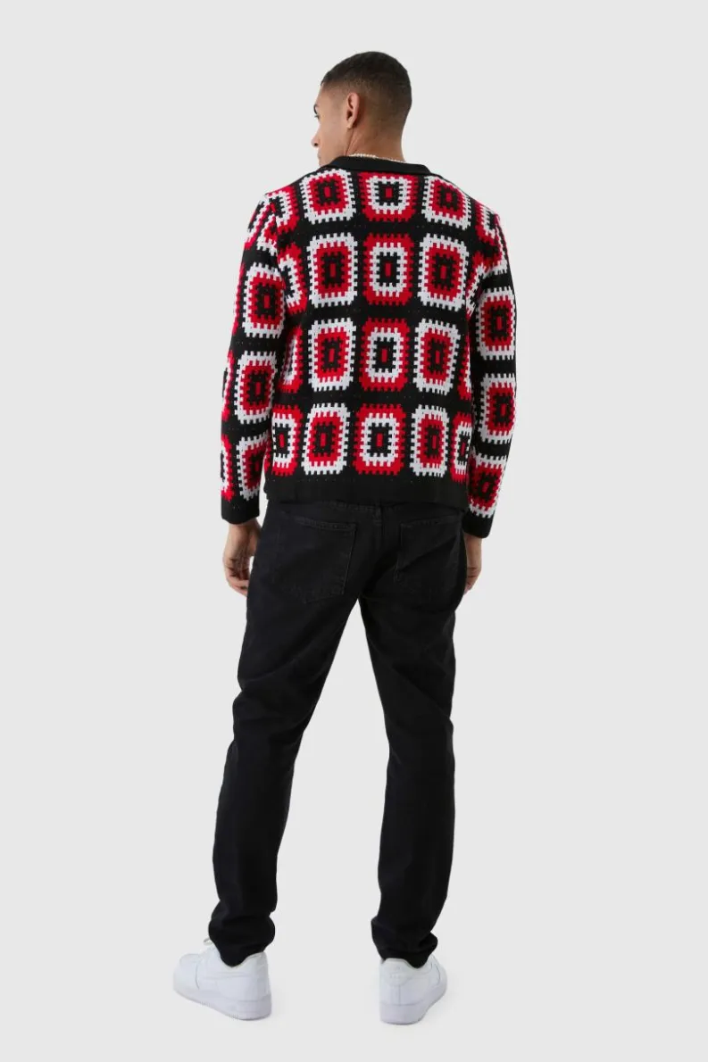 Fashion boohooMAN Crochet Long Sleeve Knitted Overshirt red