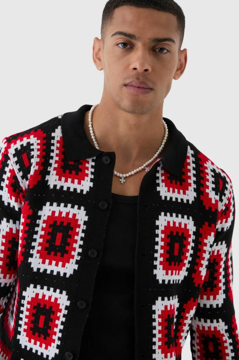 Fashion boohooMAN Crochet Long Sleeve Knitted Overshirt red