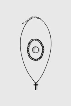 Best boohooMAN Cross Necklace, Ring And Bracelet Set In black