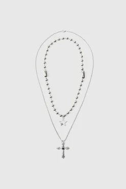 Shop boohooMAN Cross Pendant Double Layered Necklace In silver