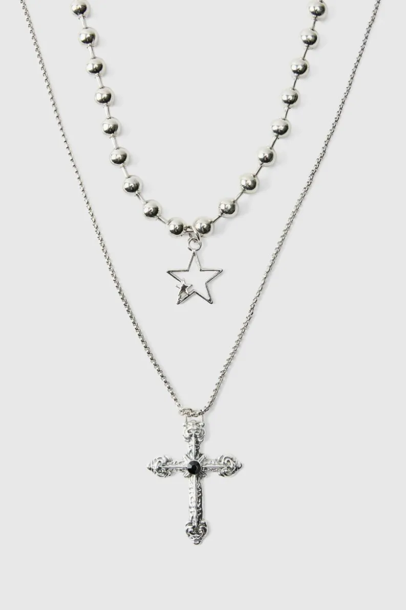 Shop boohooMAN Cross Pendant Double Layered Necklace In silver