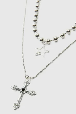 Shop boohooMAN Cross Pendant Double Layered Necklace In silver