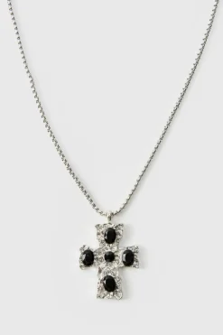 Shop boohooMAN Cross Pendant Necklace In black