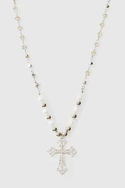Cheap boohooMAN Cross Pendant Pearl And Metal Bead Necklace silver