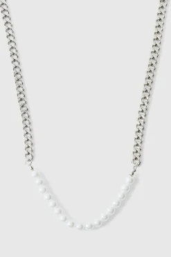 Fashion boohooMAN Cuban Link Pearl Chain silver
