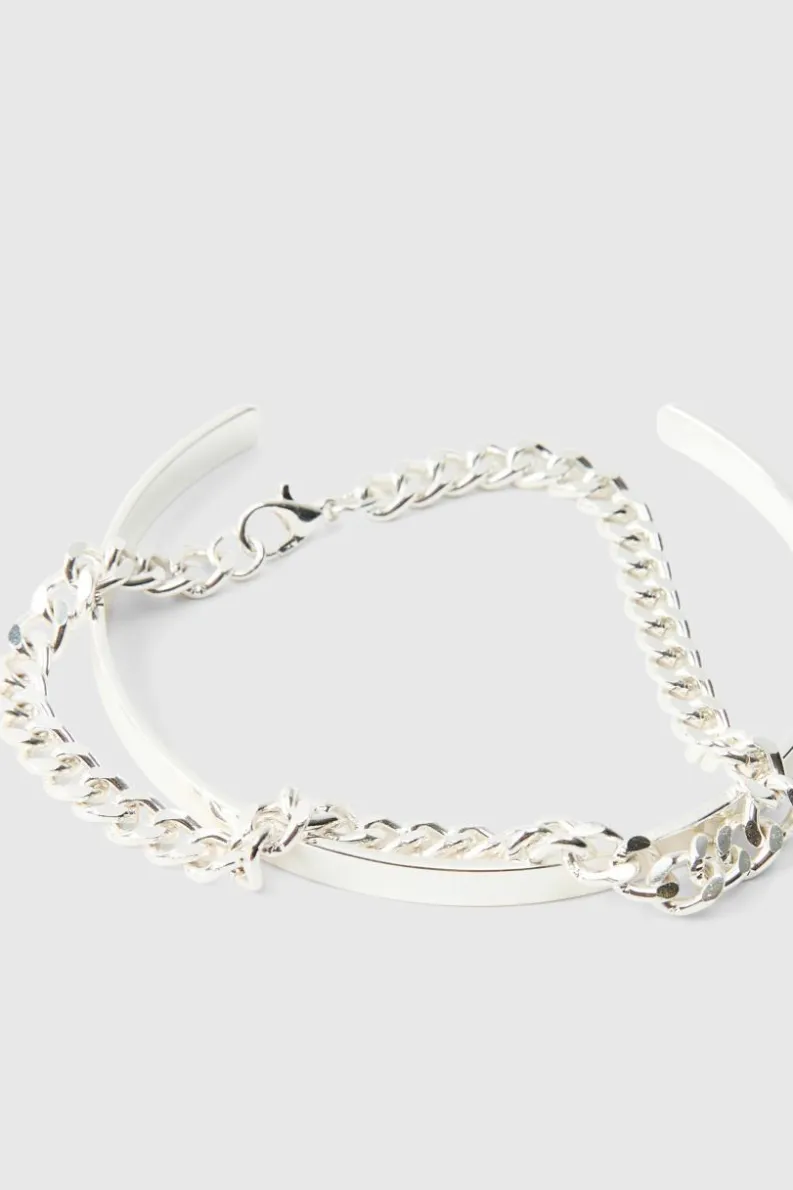 Shop boohooMAN Cuff And Chain Bracelet silver