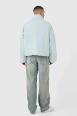 Hot boohooMAN Curved Zip Padded Puffer Coat In Blue light blue