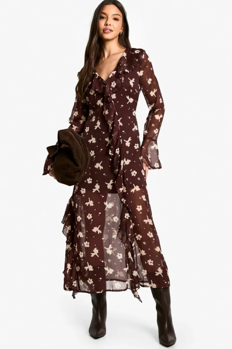 Online boohoo Dark Floral Ruffle Midaxi Dress brown