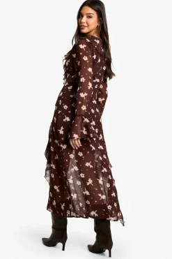 Online boohoo Dark Floral Ruffle Midaxi Dress brown