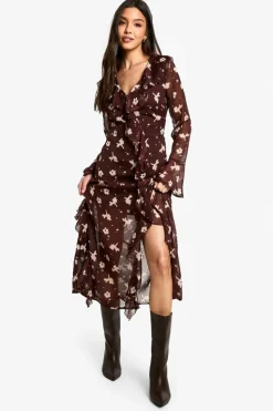 Online boohoo Dark Floral Ruffle Midaxi Dress brown
