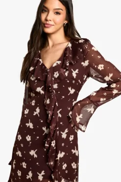 Online boohoo Dark Floral Ruffle Midaxi Dress brown