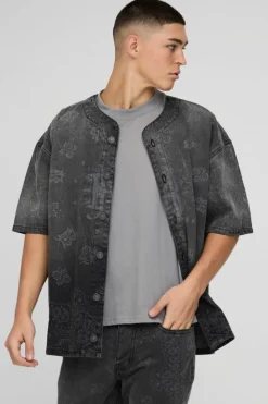 Hot boohooMAN Denim Bandana Laser Print Baseball Shirt black