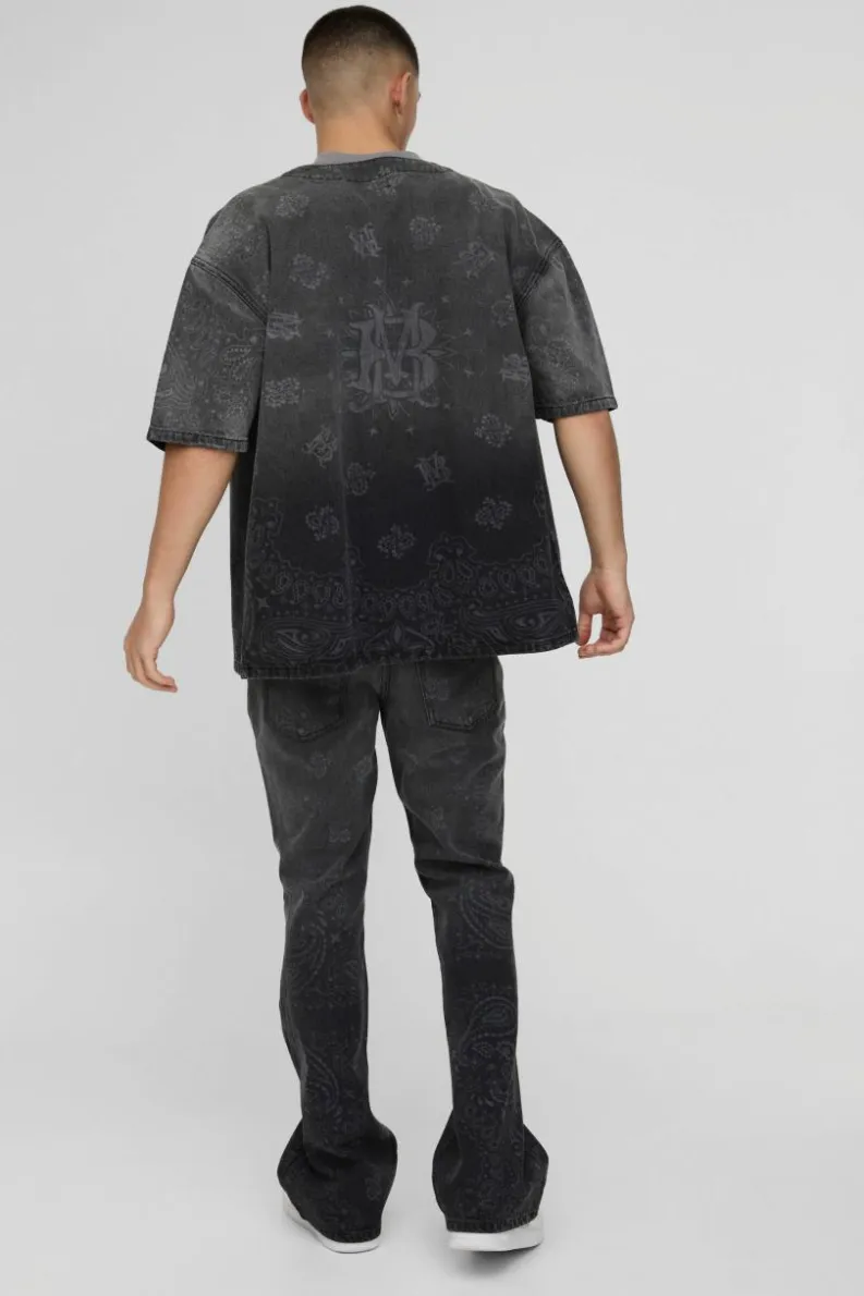 Hot boohooMAN Denim Bandana Laser Print Baseball Shirt black