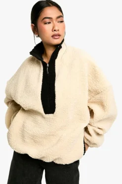 Shop boohoo Detail Half Zip Oversized Borg Sweatshirt stone