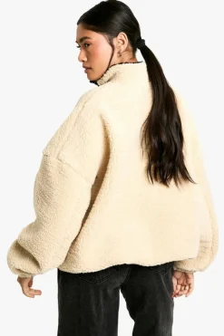 Shop boohoo Detail Half Zip Oversized Borg Sweatshirt stone