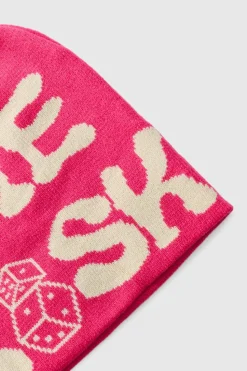 New boohooMAN Dice Graphic Beanie In pink