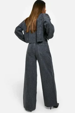 Sale boohoo Distressing Detail Denim Jacket & Wide Leg Jeans Co-Ord grey