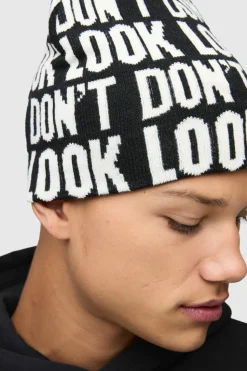 Fashion boohooMAN Don't Look Beanie black