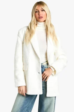 Shop boohoo Double Breast Boucle Wool Blazer ecru