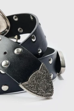 Online boohooMAN Double Buckle Studded Belt In black