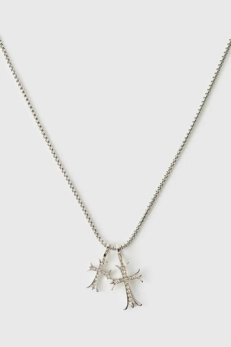 Fashion boohooMAN Double Cross Necklace silver