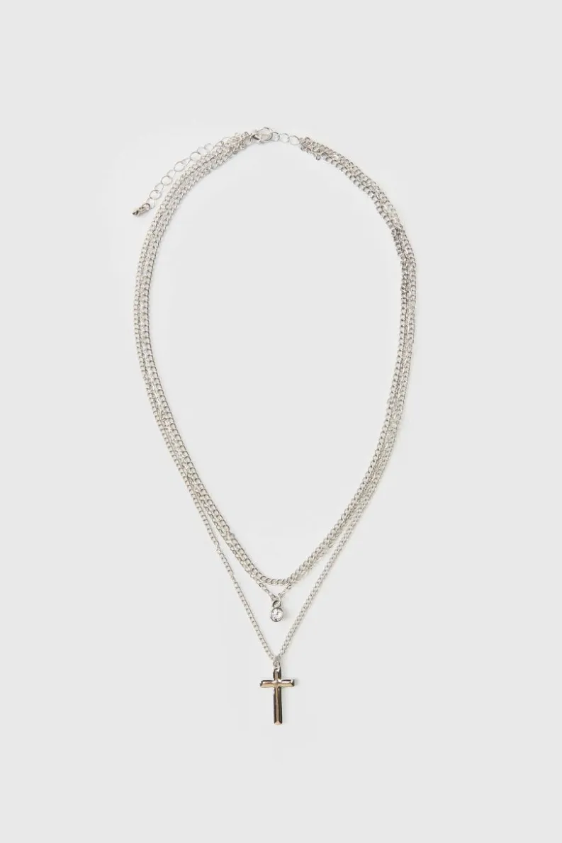 Cheap boohooMAN Double Layered Cross Necklace silver