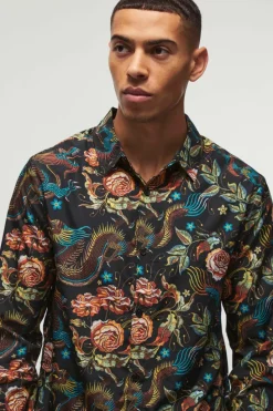 Outlet boohooMAN Dragon Print Long Sleeve Shirt black